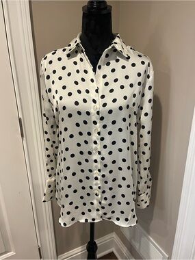 White and Black Polka Dot Button-Down Blouse